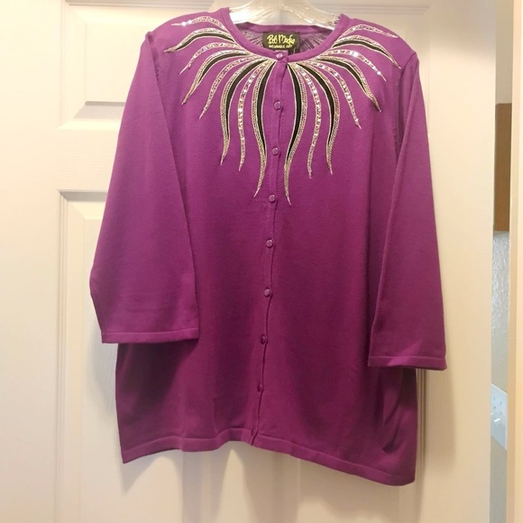 NWT Bob Mackie Beaded Sequin Glitz Cardigan Sweater Purple Size 1X - Picture 1 of 6